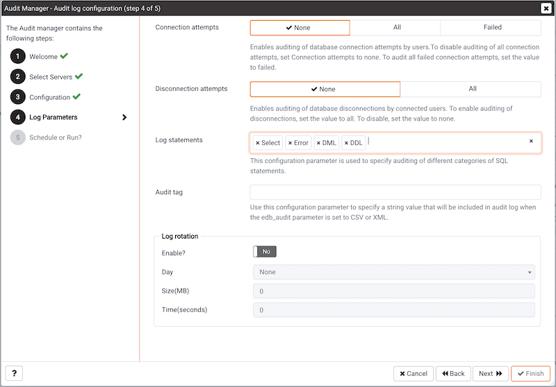 Audit Manager Wizard - Log Parameters page