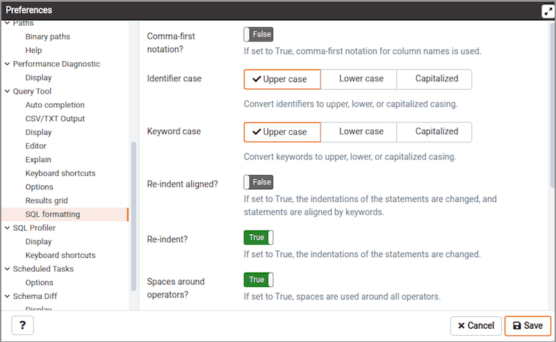 Preferences dialog SQL Formatting section